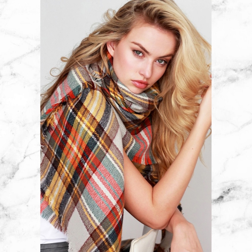 Chunky Frayed Fringe Plaid Wrap Scarf Shaw - Picture 2 of 4